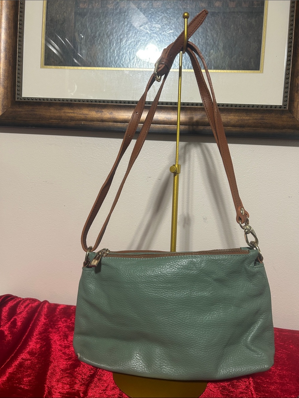 Valentina Sage Green Leather Crossbody with Brown Strap